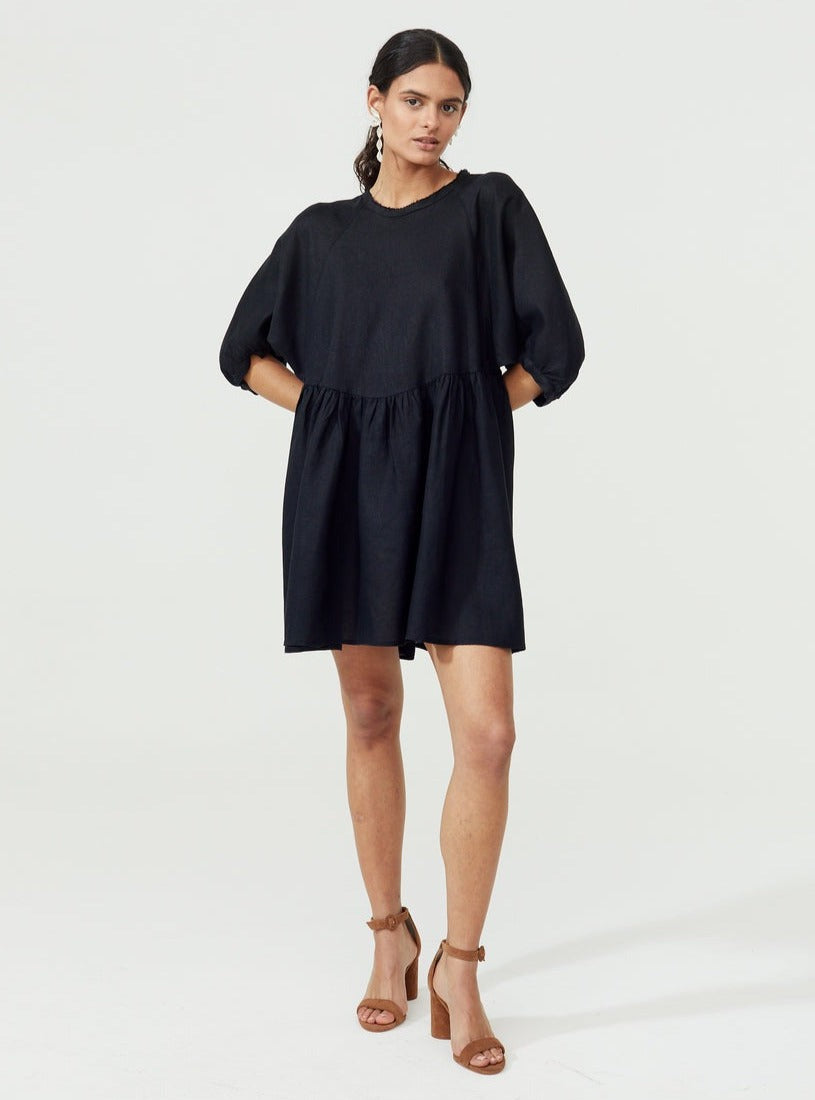 Black Organic Linen Oversized MIni Dress