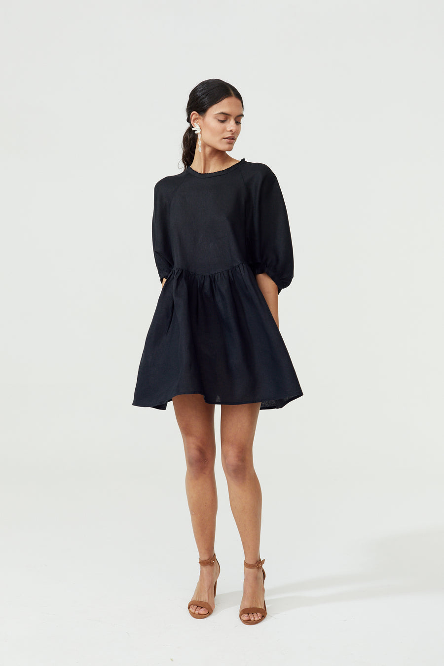 Black Organic Linen Oversized MIni Dress