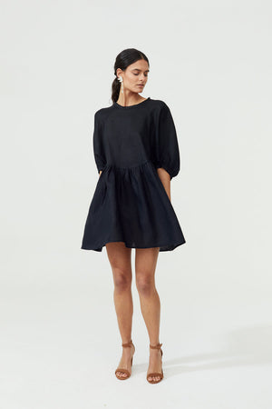 Black Organic Linen Oversized MIni Dress