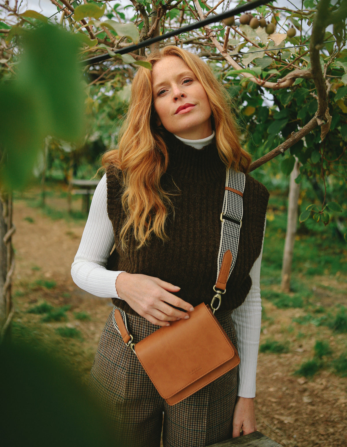 Tan Apple Leather Cross Body Bag with  Checkered Strap