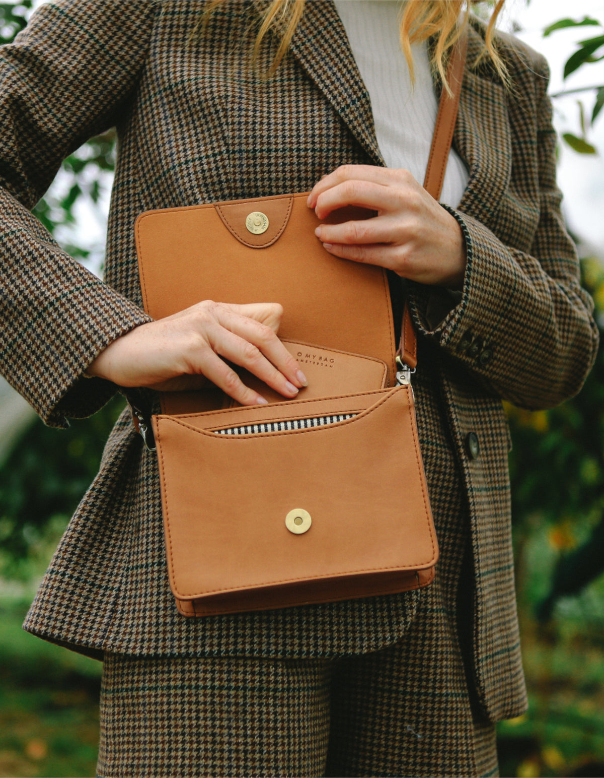 Tan Apple Leather Cross Body Bag with  Checkered Strap