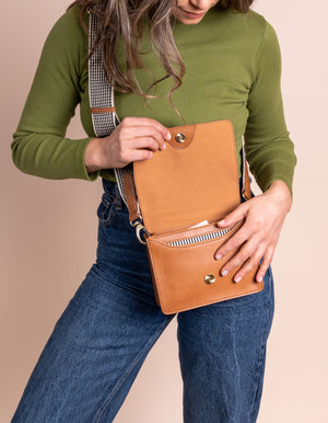 Tan Apple Leather Cross Body Bag with  Checkered Strap