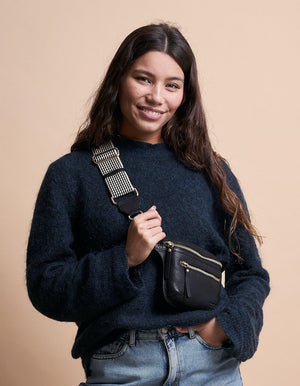 Black Apple Leather Bum Bag with Checkered Strap