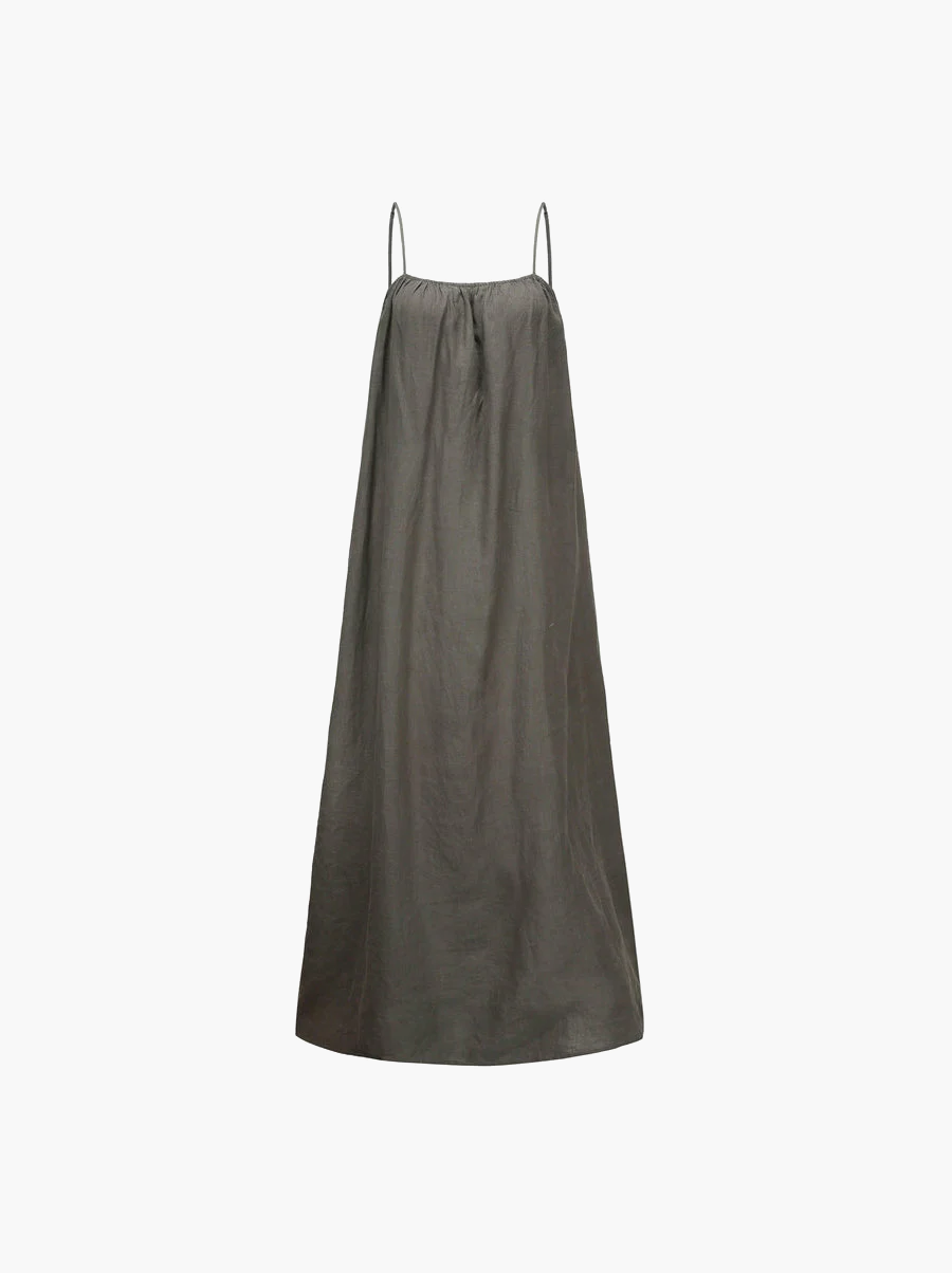 Khaki Organic Linen Maxi Dress