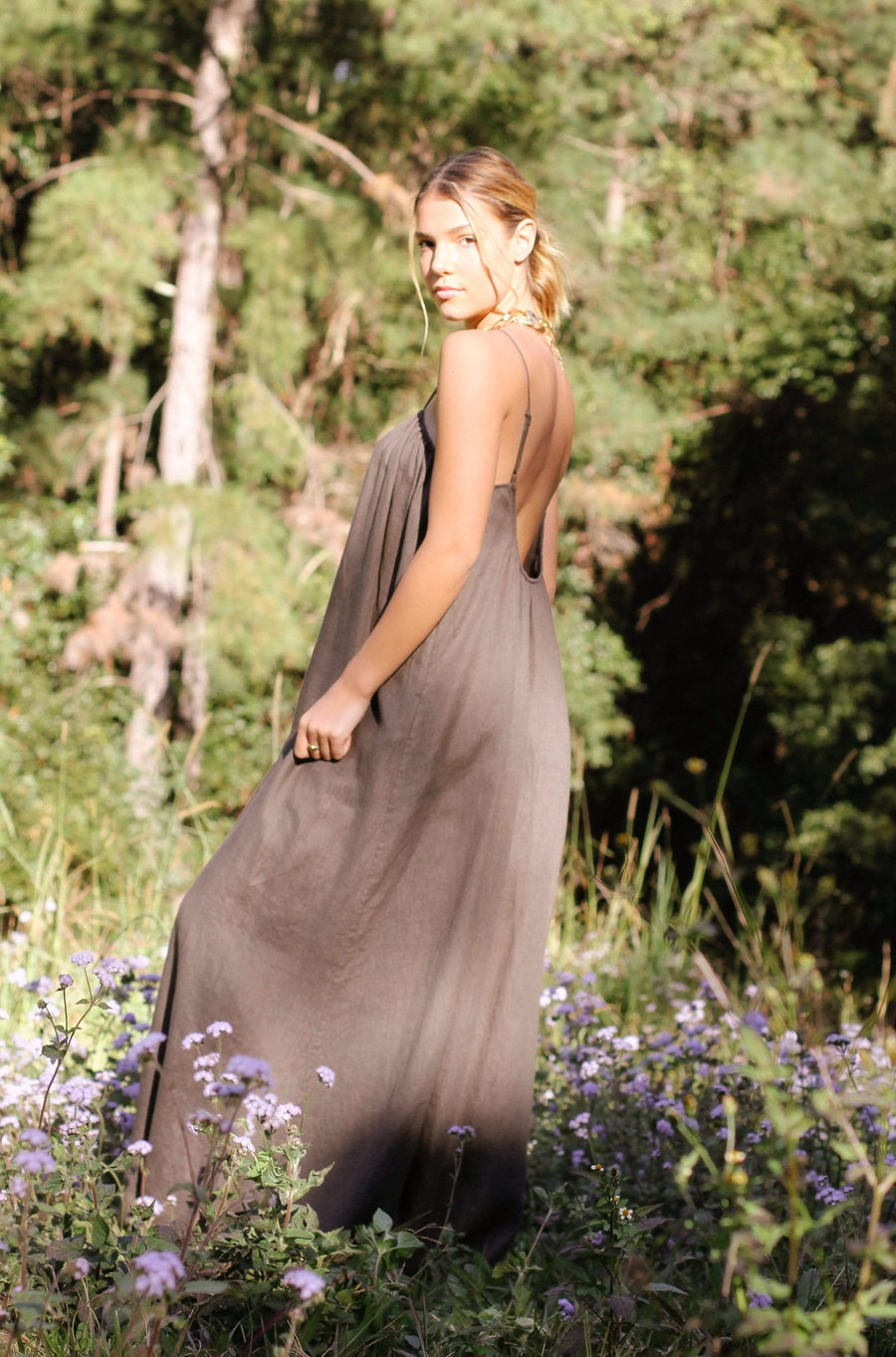 Khaki Organic Linen Maxi Dress