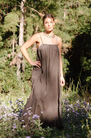 Khaki Organic Linen Maxi Dress