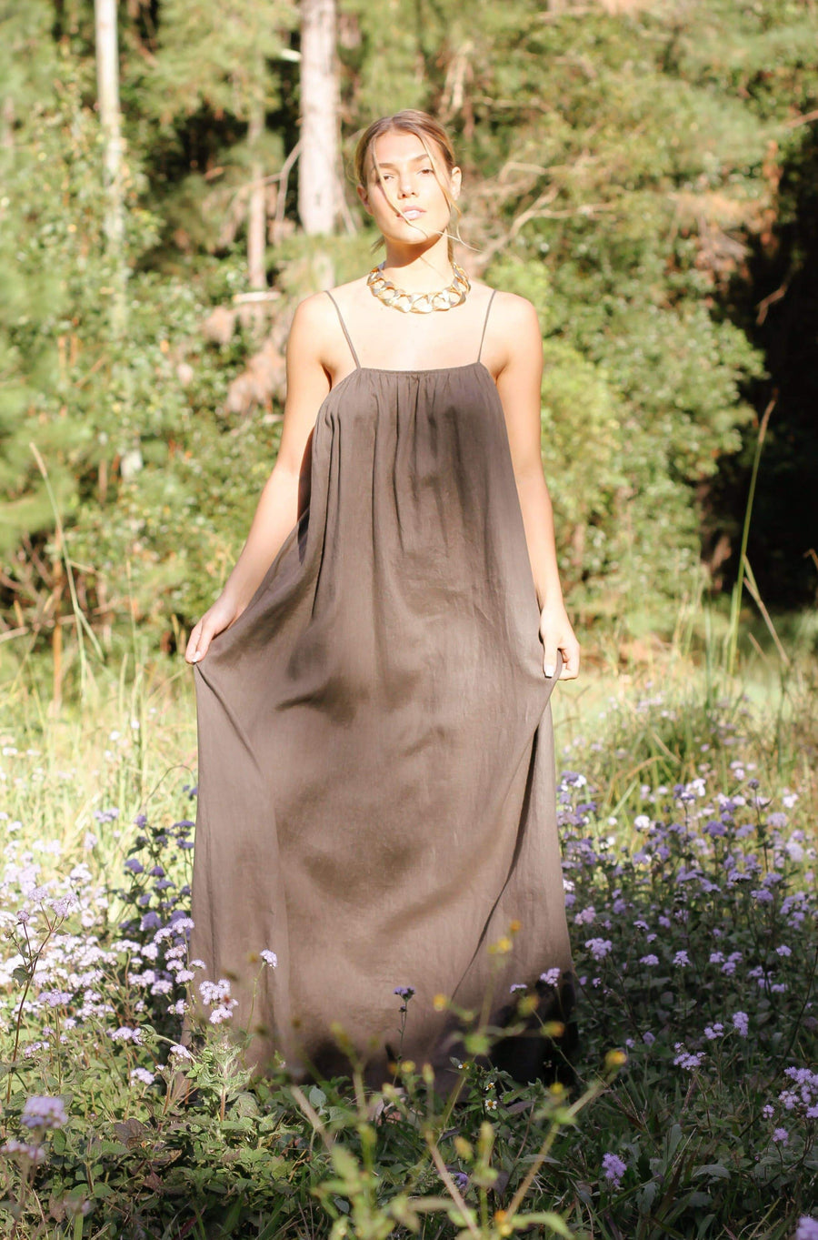 Khaki Organic Linen Maxi Dress